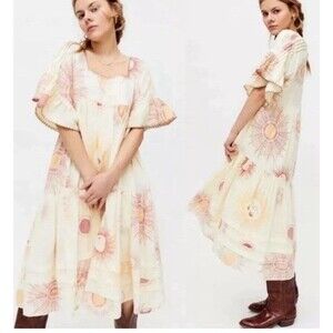 URBAN OUTFITTERS Midi Dress Womens Medium Yellow Total Eclipse Sun Moon Boho